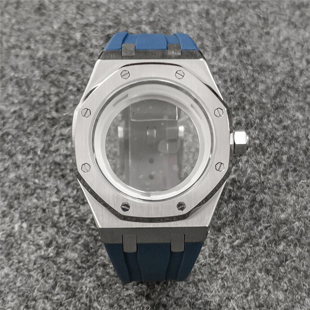 41MM sapphire glass watch case with rubber strap for NH35/NH36, durable design.