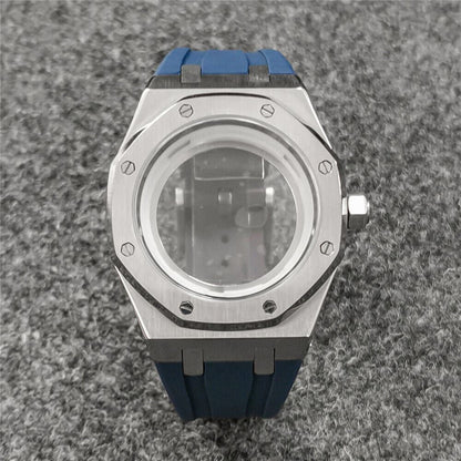 41MM sapphire glass watch case with black rubber strap for NH35/NH36, durable and water-resistant.