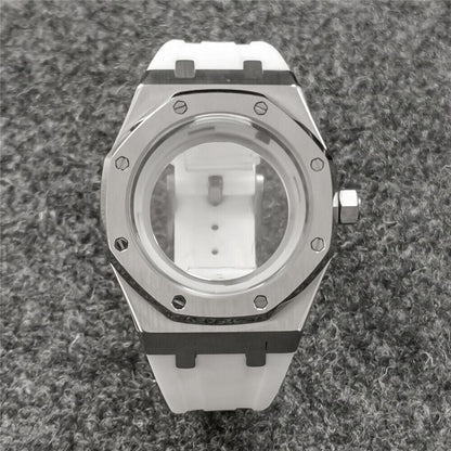 41MM sapphire glass watch case with black rubber strap, compatible with NH35/NH36 movements, durable water-resistant design.