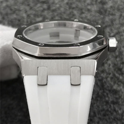 41MM sapphire glass watch case with black rubber strap for NH35/NH36 movements, durable and water-resistant.