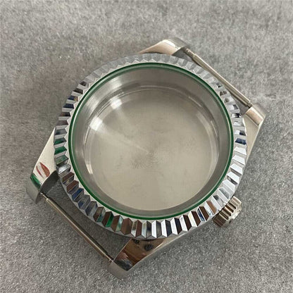 39MM stainless steel watch case with sapphire glass and solid back, compatible with NH35/NH36/4R movements.