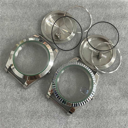 39MM stainless steel watch case with sapphire glass and solid back, compatible with NH35/NH36/4R movements.