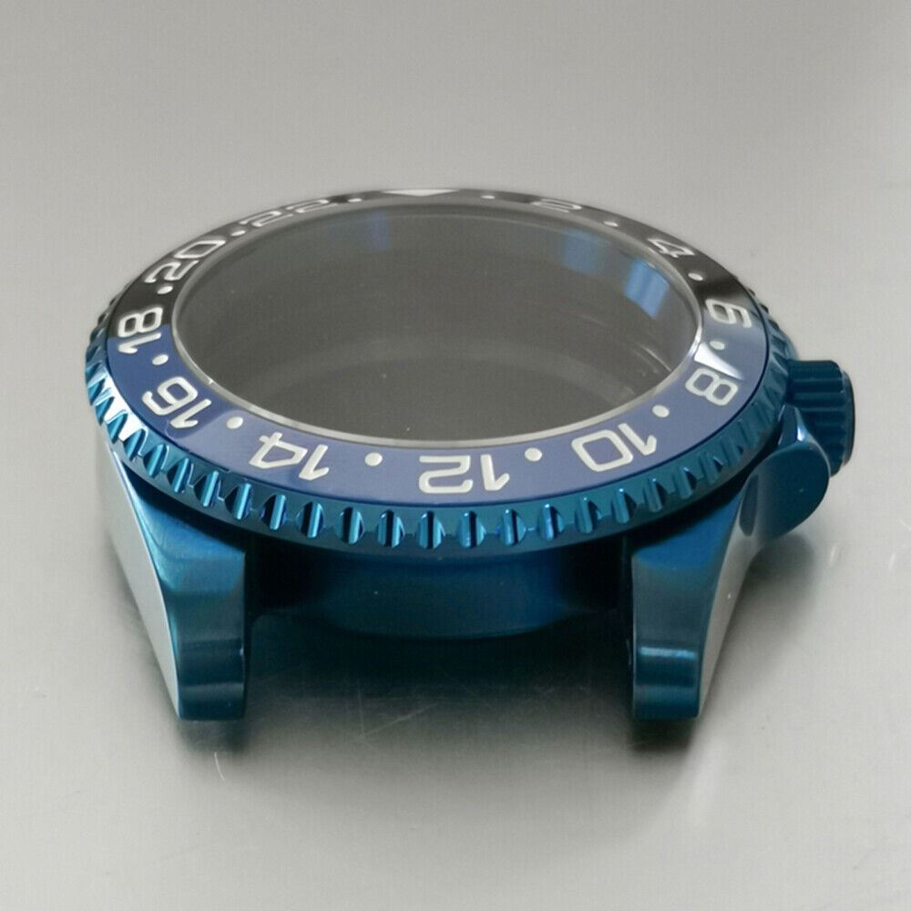 40MM Blue flat magnifying glass watch case for NH35/NH36 movement, enhancing dial clarity.