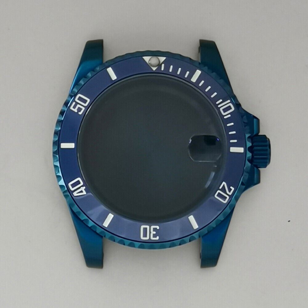 40MM Blue flat magnifying glass watch case, perfect for NH35/NH36 movement, improves dial readability.