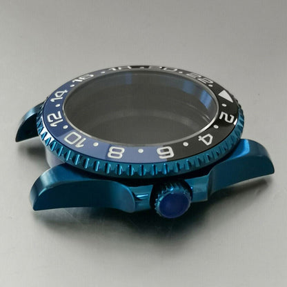 Blue 40MM flat magnifying watch case featuring NH35/NH36 movement compatibility.