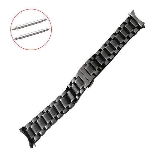 Curved end 12-24mm steel watch band with butterfly clasp, durable strap for secure fit and stylish look.