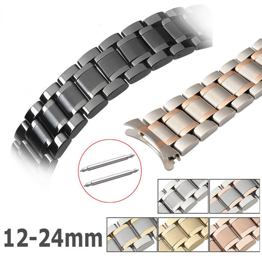 Curved end 12-24mm steel watch band with butterfly clasp, durable strap for secure fit and stylish look.