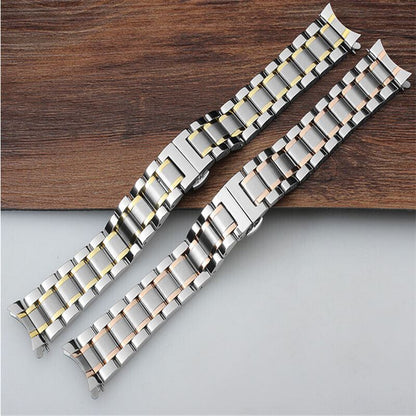 Curved end 12mm steel watch band with butterfly clasp, durable strap for stylish Timex watches.