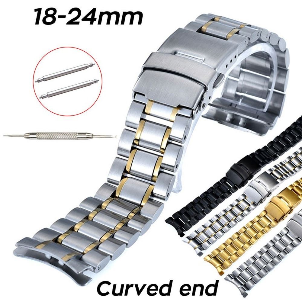 Curved end stainless steel watch band 18-24mm with double lock buckle for secure fit, ideal for daily wear.