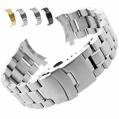 Curved end stainless steel watch band 18-24mm with double lock buckle for secure fit, ideal for daily wear.