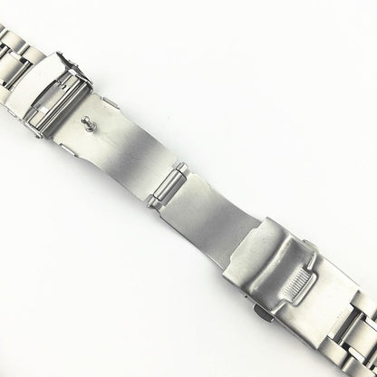 Curved end stainless steel watch band 18-24mm with double lock buckle for secure fit.