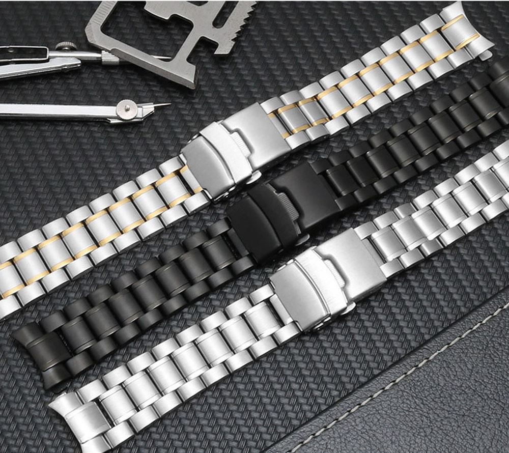 Curved end stainless steel watch band 18-24mm, double lock buckle for secure daily wear.
