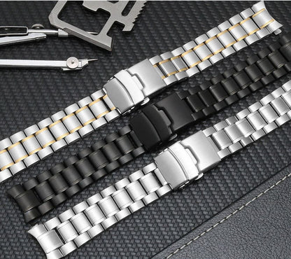 Curved end stainless steel watch band 18-24mm, double lock buckle for secure daily wear.