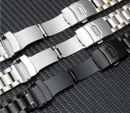 Curved end stainless steel watch band 18-24mm with double lock buckle for secure daily wear.