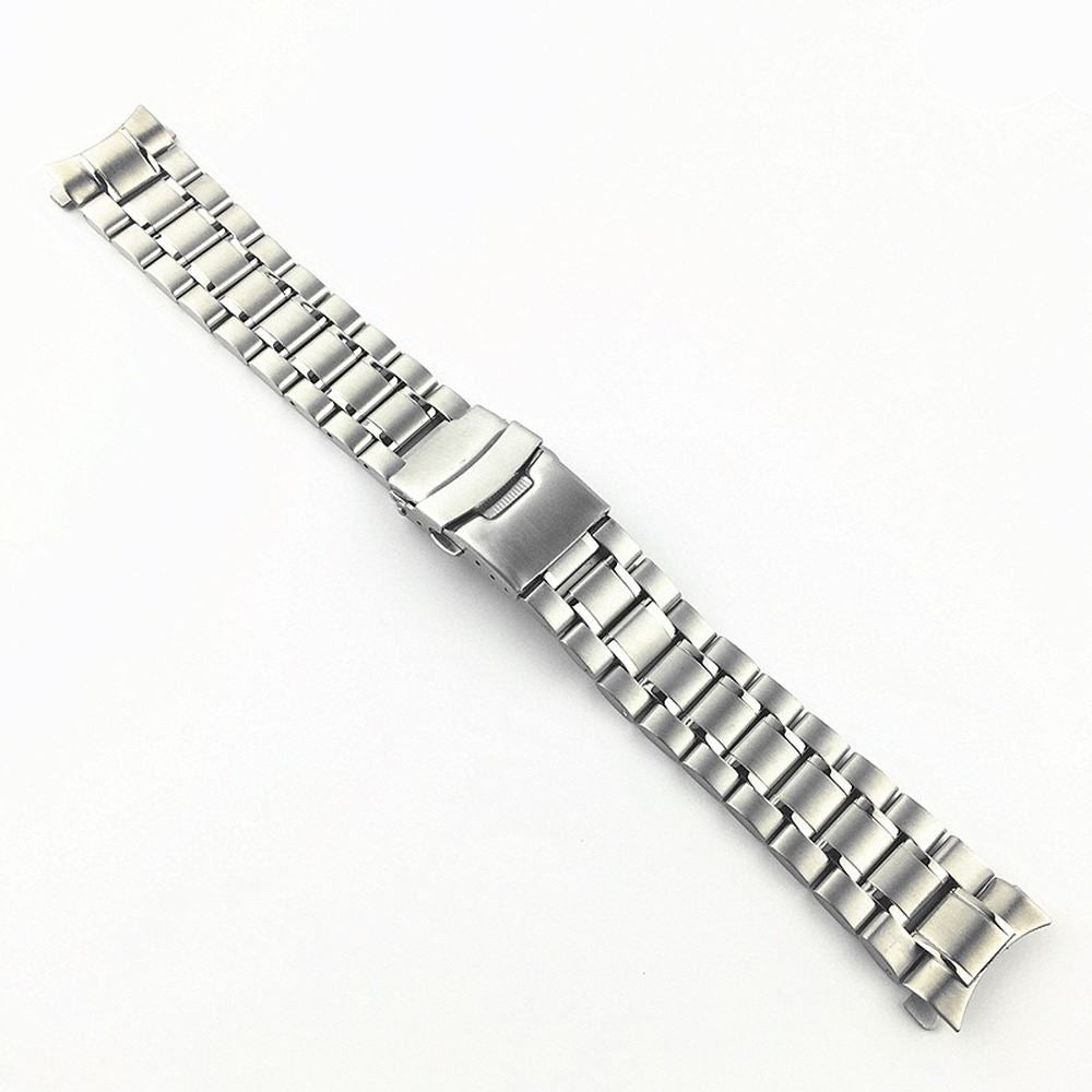 Curved end stainless steel watch band 18-24mm with double lock buckle for secure daily wear.