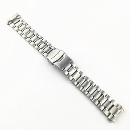 Curved end stainless steel watch band 18-24mm with double lock buckle for secure daily wear.