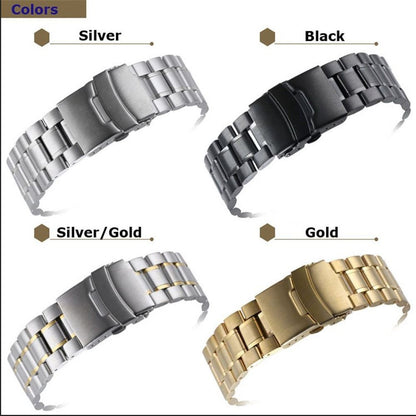 Curved end stainless steel watch band 18-24mm with double lock buckle, perfect for secure daily wear.
