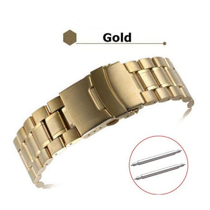 Curved end stainless steel watch band 18-24mm with double lock buckle for secure fit, ideal for daily wear.