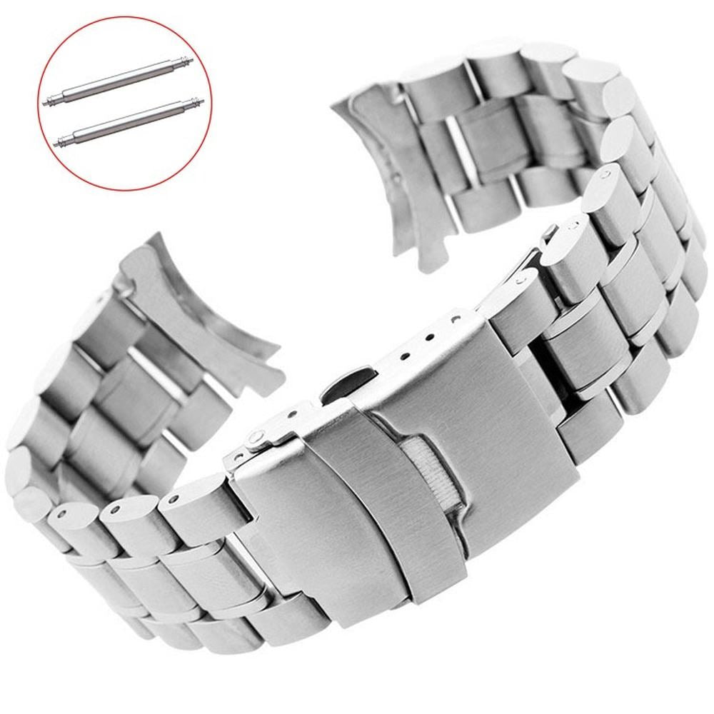 Curved end stainless steel watch band 18-24mm with double lock buckle for secure fit, ideal for daily wear.