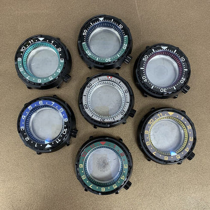 45mm PVD black stainless steel watch case with ceramic ring and mineral glass for NH35 movement, durable design.