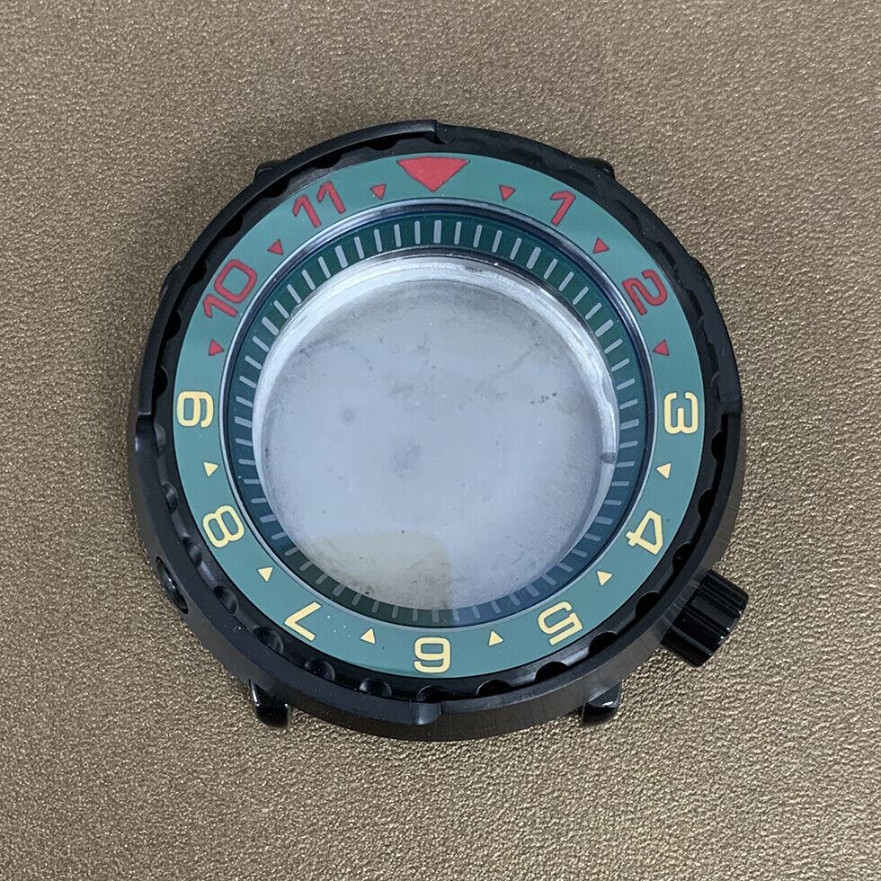 45mm PVD black stainless steel watch case with ceramic ring and mineral glass, compatible with NH35 movement.