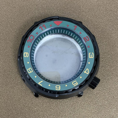 45mm PVD black stainless steel watch case with ceramic ring and mineral glass, compatible with NH35 movement.