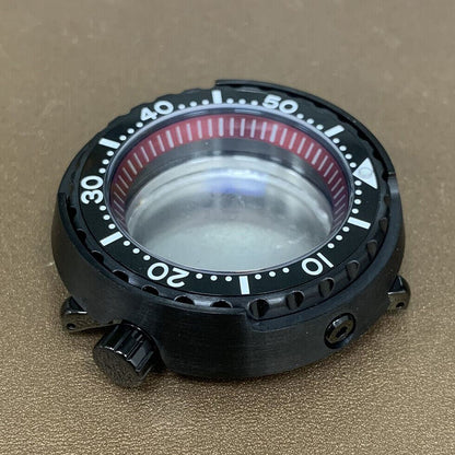 45mm PVD black stainless steel watch case with ceramic ring and mineral glass, compatible with NH35 movement.