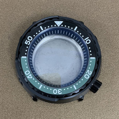 45mm PVD black stainless steel watch case with ceramic ring and mineral glass, durable design for NH35 movement.