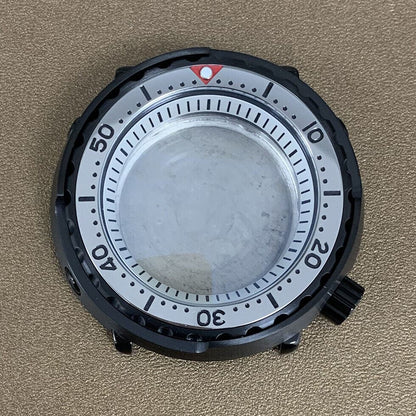 45mm PVD black stainless steel watch case with ceramic ring and mineral glass for NH35 movement, durable design.