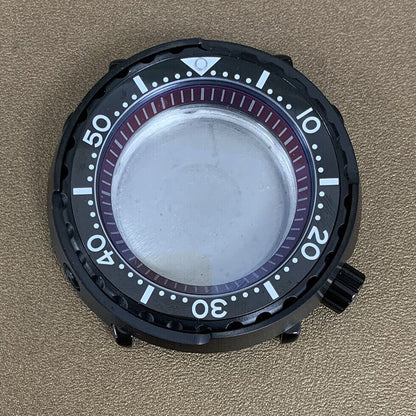 45mm PVD black stainless steel watch case with ceramic ring and mineral glass for NH35 movement, durable design.