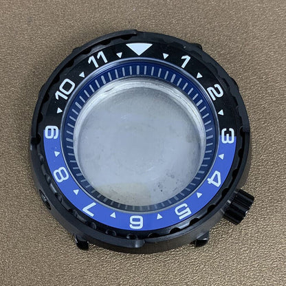 45mm PVD black stainless steel watch case with ceramic ring and mineral glass for NH35 movement, durable design.