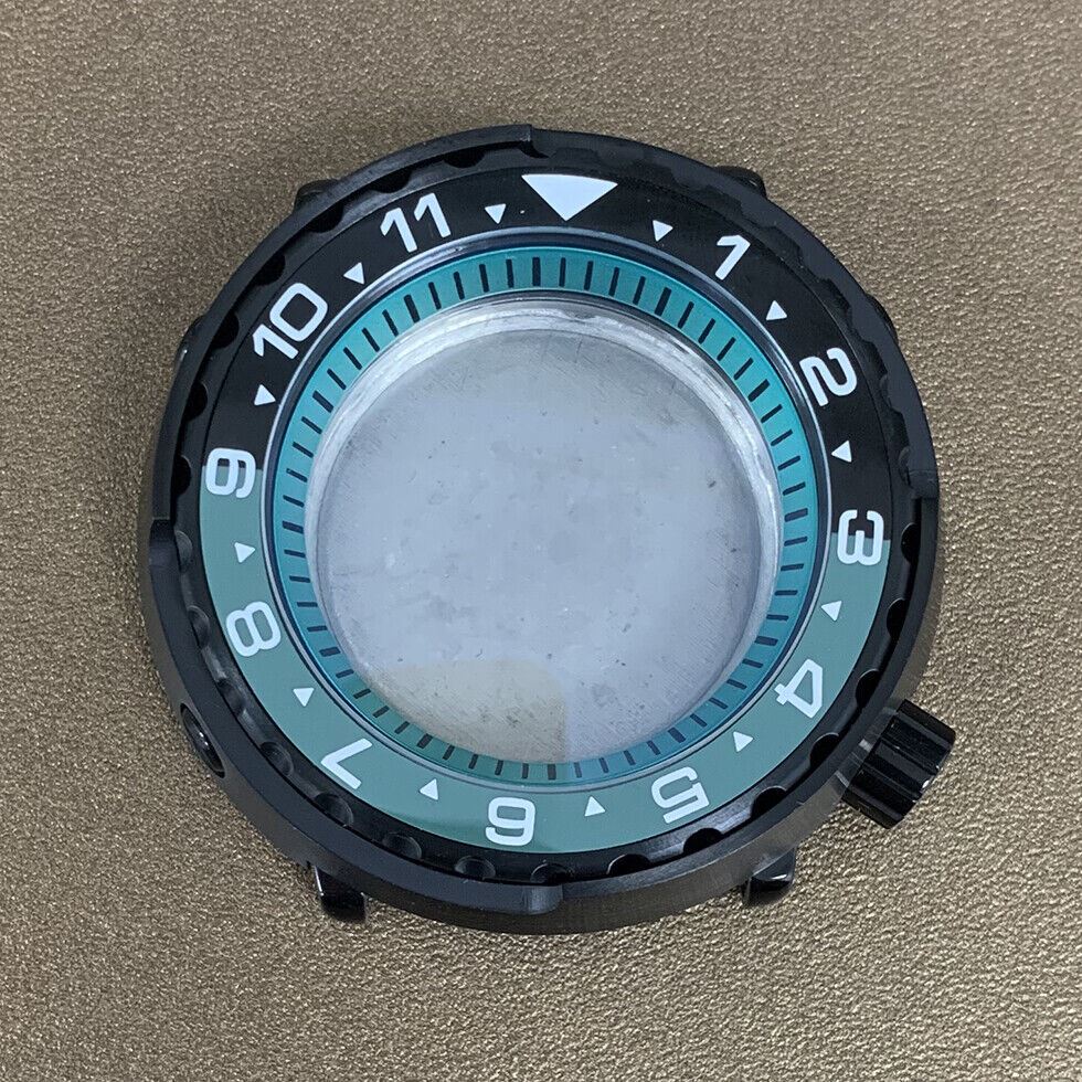 45mm PVD black stainless steel watch case with ceramic ring and mineral glass for NH35 movement, durable design.