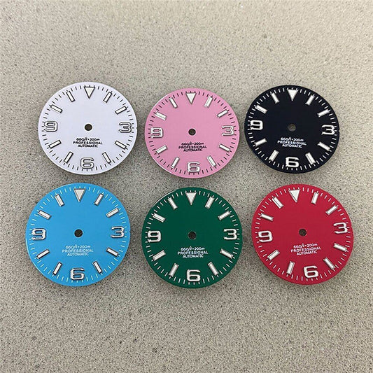 Cadran de montre lumineux vert de 28,5 mm pour mouvement NH35, pièces de montre 9-3-6 
