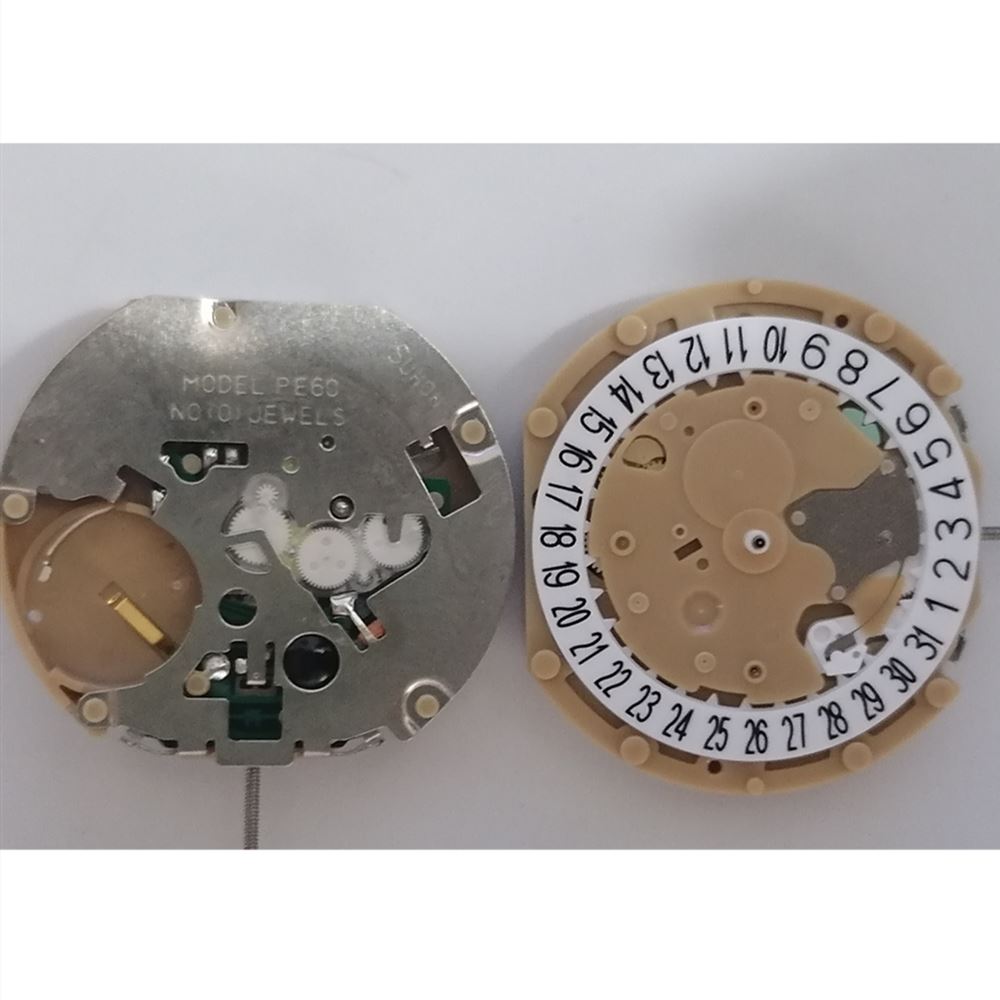 Sunon PE60 quartz watch movement with date at 6 o'clock, 3-hand design for precise timekeeping.