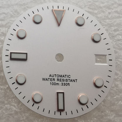 28.50mm white watch dial with green luminous markers, compatible with NH35 NH36 movement for precise timekeeping.