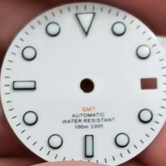 29mm New White GMT watch dial with green luminous markers, fits NH34 movement, ideal for MOD brands.