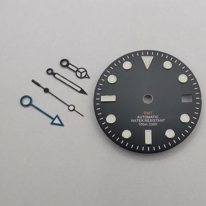 Montre GMT MOD 29 mm, cadran noir, vert lumineux, compatible avec NH34, avec aiguilles