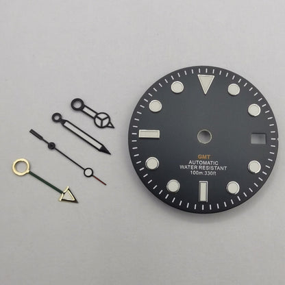 Montre GMT MOD 29 mm, cadran noir, vert lumineux, compatible avec NH34, avec aiguilles