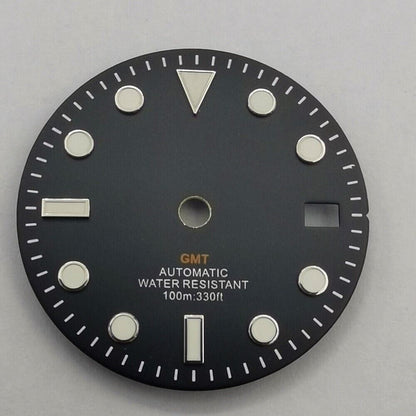 Montre GMT MOD 29 mm, cadran noir, vert lumineux, compatible avec NH34, avec aiguilles