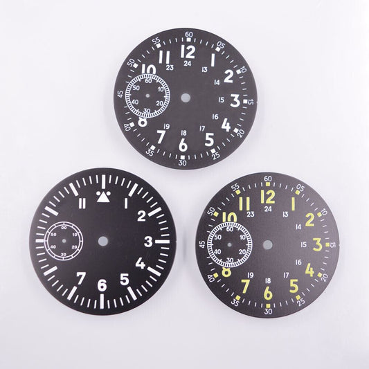 Cadran de montre noir lumineux vert de 38,90 mm compatible avec le mouvement <tc>ETA</tc> 6497 ST3600