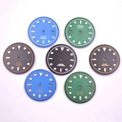 Green luminous 33.50mm watch dial for ETA2836 MYT 8215 8205 DG2813 movements, glow-in-the-dark accessory.