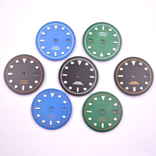 Green luminous 33.50mm watch dial for ETA2836 MYT 8215 8205 DG2813 movements, glow-in-the-dark accessory.