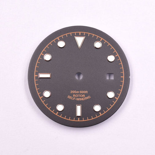Green luminous watch dial 33.50mm by MYT, designed for ETA2836 and DG2813 movements.