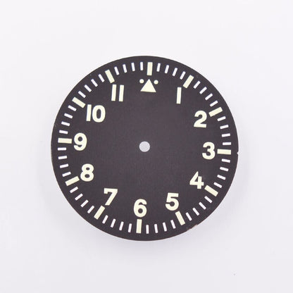 Green lume black watch dial for MYT 8205 movement, 35.50mm, enhancing visibility and style by MYT.