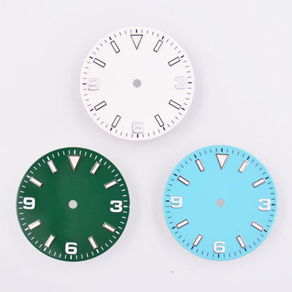 29mm green lume watch dial by MYT with luminescent markers, compatible with NH35/36 and ETA movements.