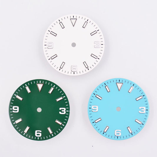 29mm green lume watch dial by MYT with luminescent markers, compatible with NH35/36 and ETA movements.