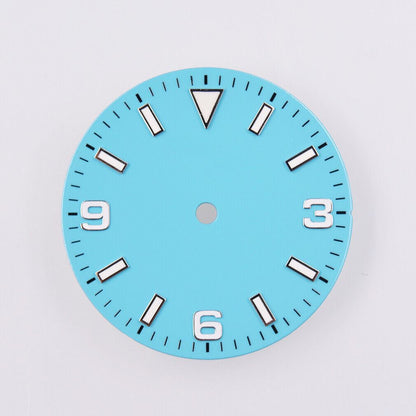 29mm green lume watch dial by MYT with glowing markers for NH35/36 and ETA movement compatibility.