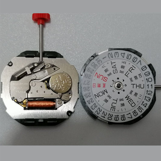 Mouvement à quartz Miyota 2105 à 3 aiguilles, avec date et tige de montre.