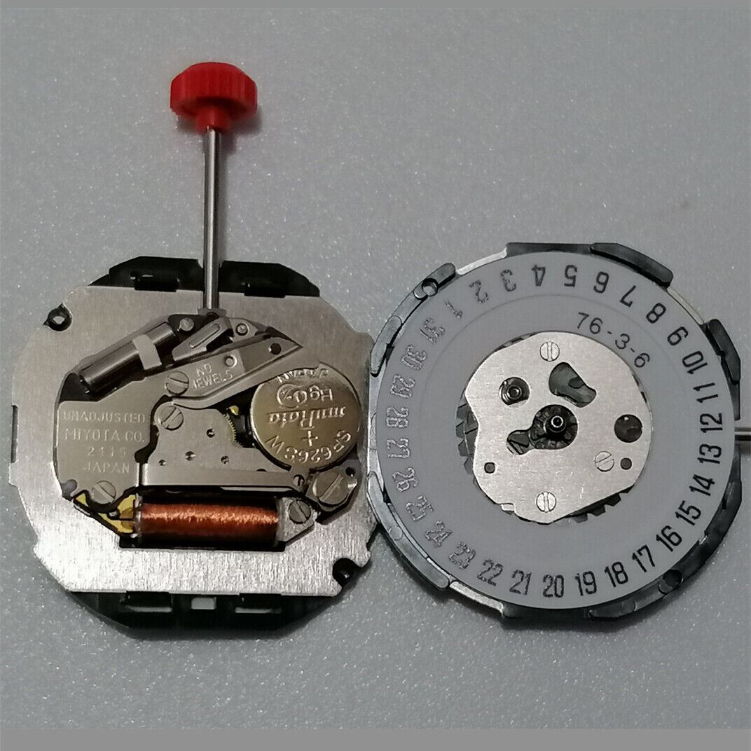 Mouvement à quartz Miyota 2115 neuf, 3 aiguilles, date à 6 heures, avec tige de montre