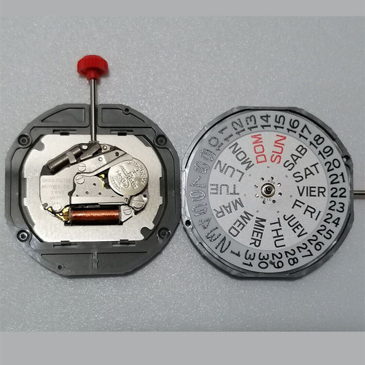 Mouvement à quartz Miyota 2405 à 3 aiguilles, date et jour, avec tige de montre.